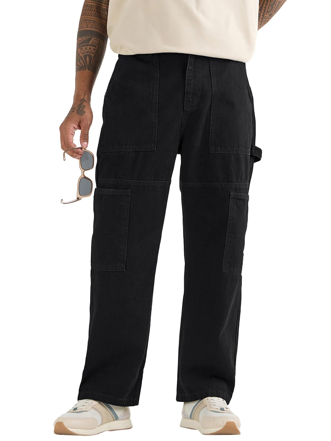 Bewakoof Mens Baggy Straight Fit Cargo Jeans_624253_Black_28