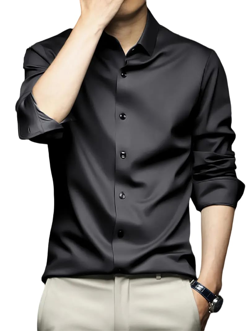 IndoPrimo Mens Stylish Solid Satin Casual Shirt for Men Full Sleeve (in, Alpha, M, Regular, Black)
