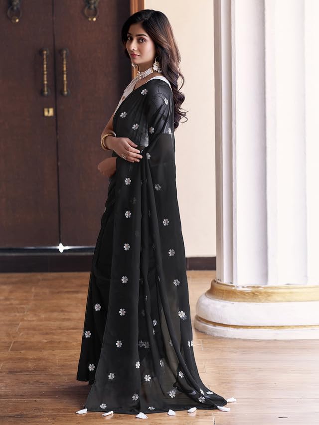 Satrani Womens Georgette Embroidery Saree with Unstitched Blouse Piece