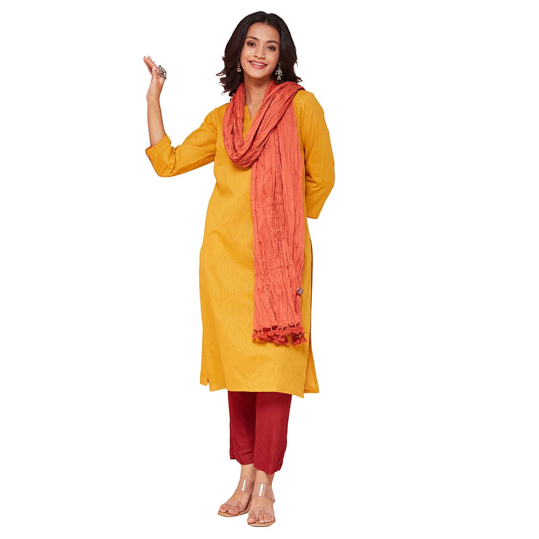Fabindia Womens Mustard Cotton Blend Solid Regular Fit Kurta & Dupatta Set
