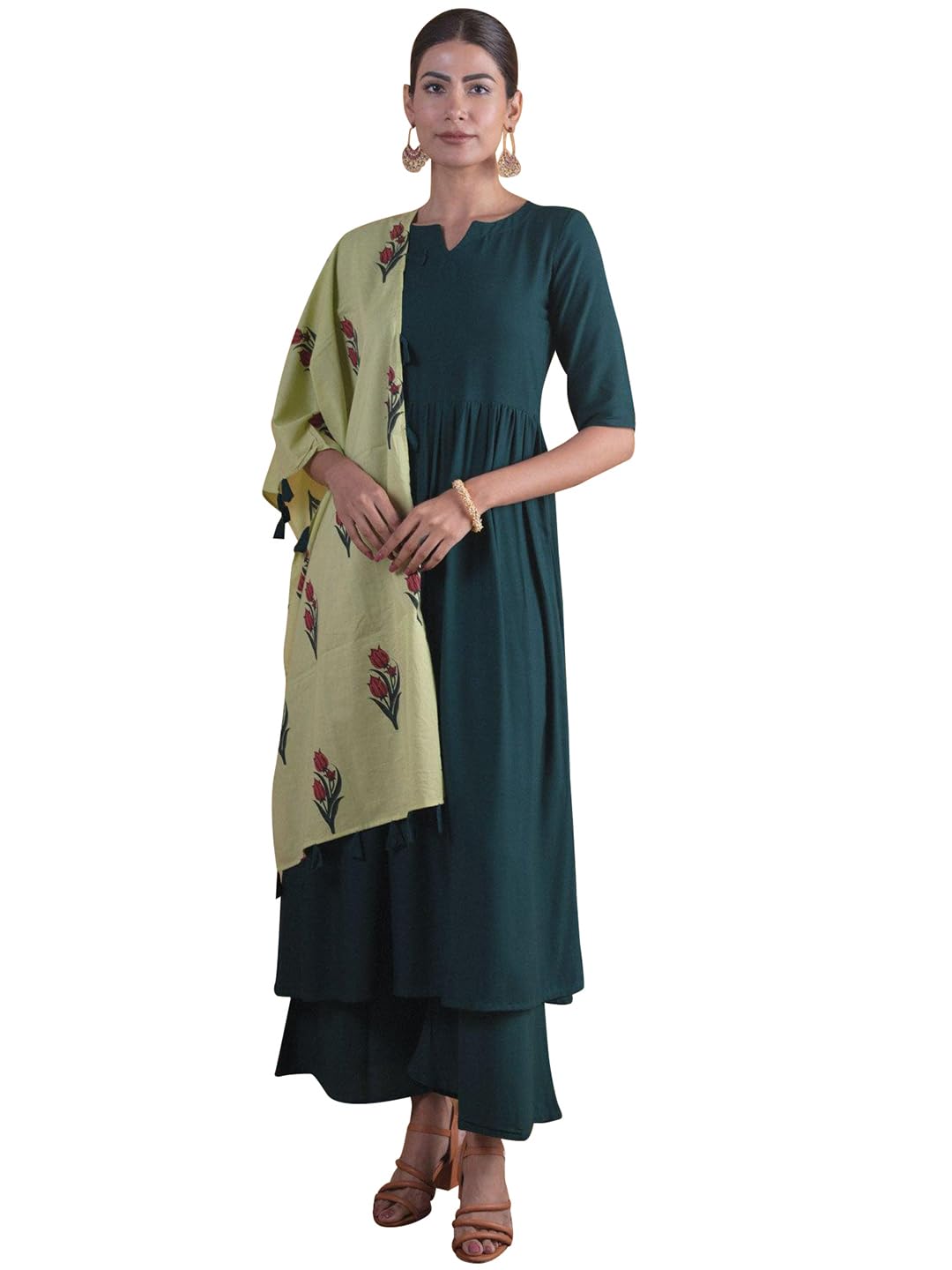 Libas Green Printed Rayon Anarkali Kurta With Palazzos & Dupatta
