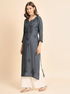 VAIRAGEE Womens Rayon Straight Cut Round Neck Kurta with Beautiful Lucknowi Chickenkari Work (1593) Grey