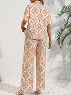 Greciilooks Women Co Ord Set| Knot Front Shirt & Wide Leg Pants| Allover Print Shirt & Bottom| Long Sleeve Shirt| Straight Print