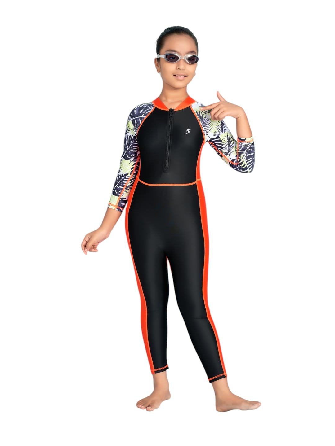 Aarika Girls Sports Wear Black Colour Leaf Print Swim Suit with Goggle-(6-16 Years)-(SW-SHM-GPCH-AB-601-BLACK-6)