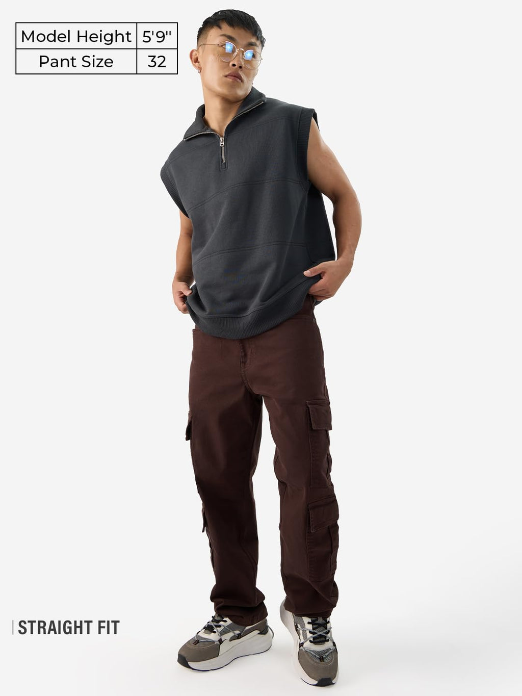 The Souled Store Solids: Decadent Chocolate Straight Fit Cotton Cargo Jeans - Elevate Your Style with Versatile Comfort for Men