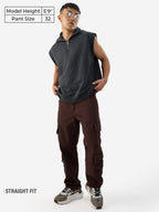 The Souled Store Solids: Decadent Chocolate Straight Fit Cotton Cargo Jeans - Elevate Your Style with Versatile Comfort for Men