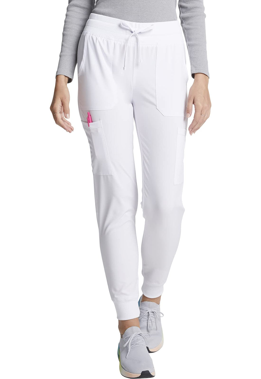 EDS Essentials Jogger Scrubs for Women, Drawstring Scrub Pants DK065P, M Petite, White