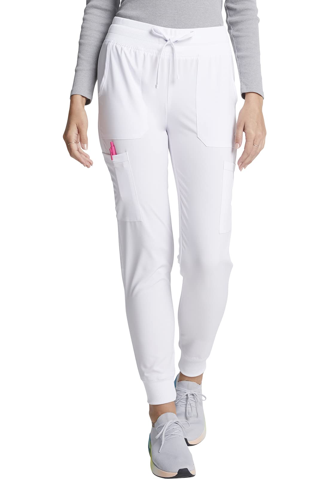 EDS Essentials Jogger Scrubs for Women, Drawstring Scrub Pants DK065P, M Petite, White