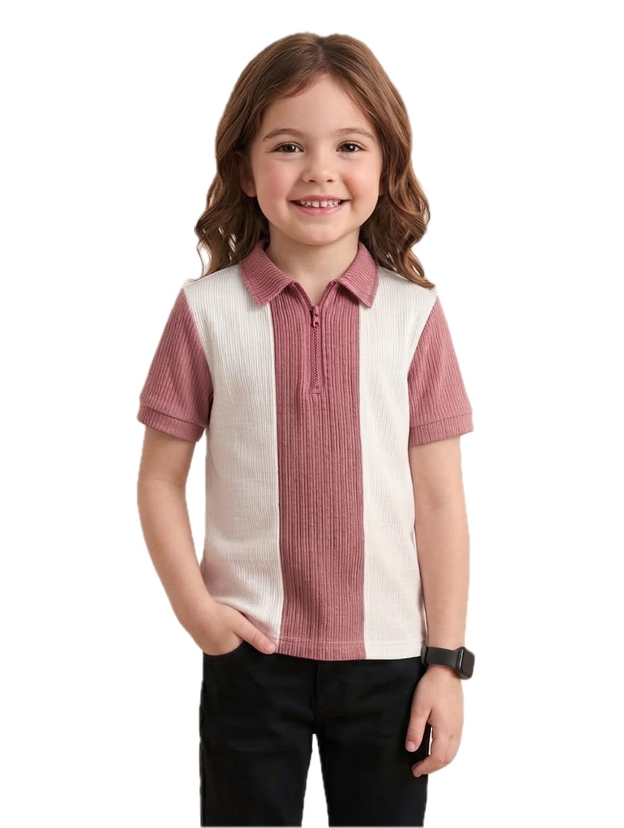Nuno Girls Polo TShirt, Ribbed Knit, Half Sleeve, Zip Neck, Colourblock, Casual Style, Kids (In, Age, 14 Years, 15 Years, Regul 14-15