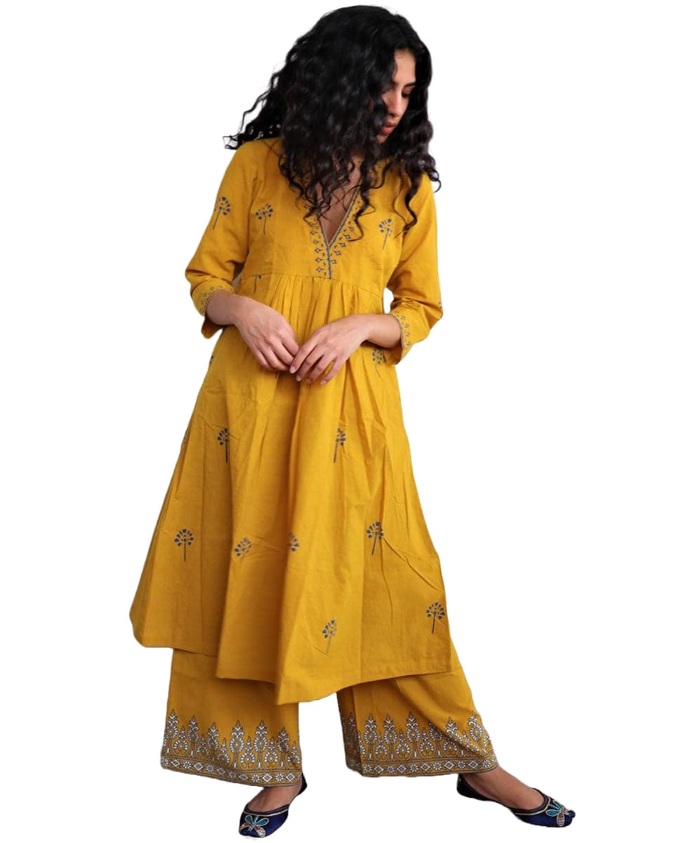 ANNI DESIGNER Womens Rayon Viscose Anarkali Printed Kurta with Palazzo (HANAYA Yellow_XL_Yellow_X-Large)