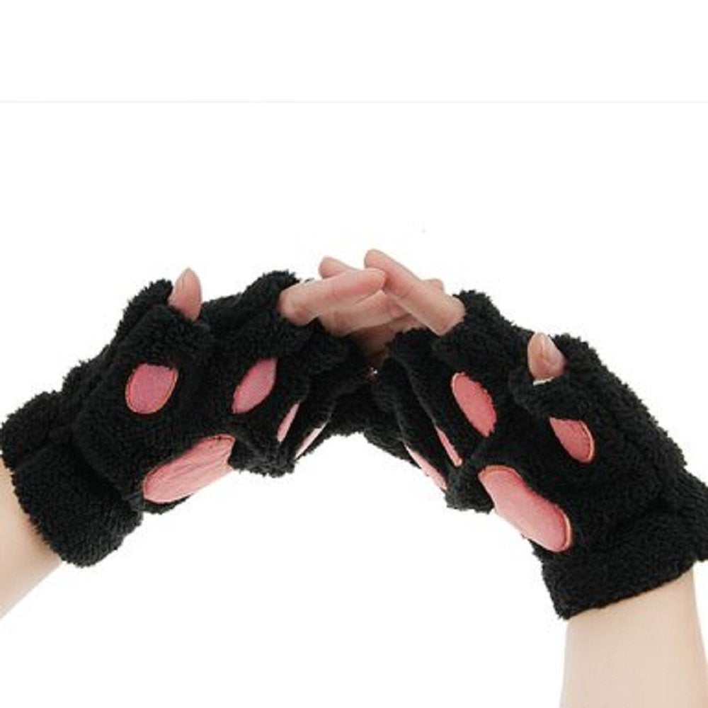Himine Cat Claw Bear Paw Fingerless Winter Plush Gloves 1*Pair(Black)