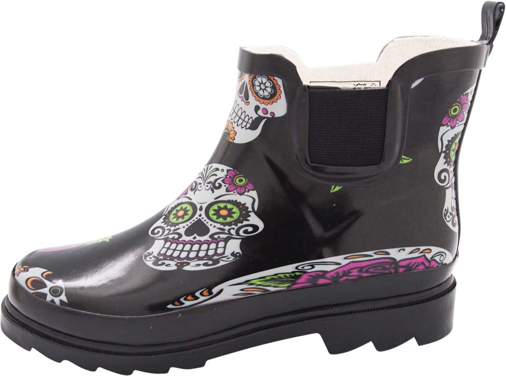 NORTY - Womens Ankle Rain Boots - Ladies Waterproof Winter Spring Garden Boot Skulls Black Size 11