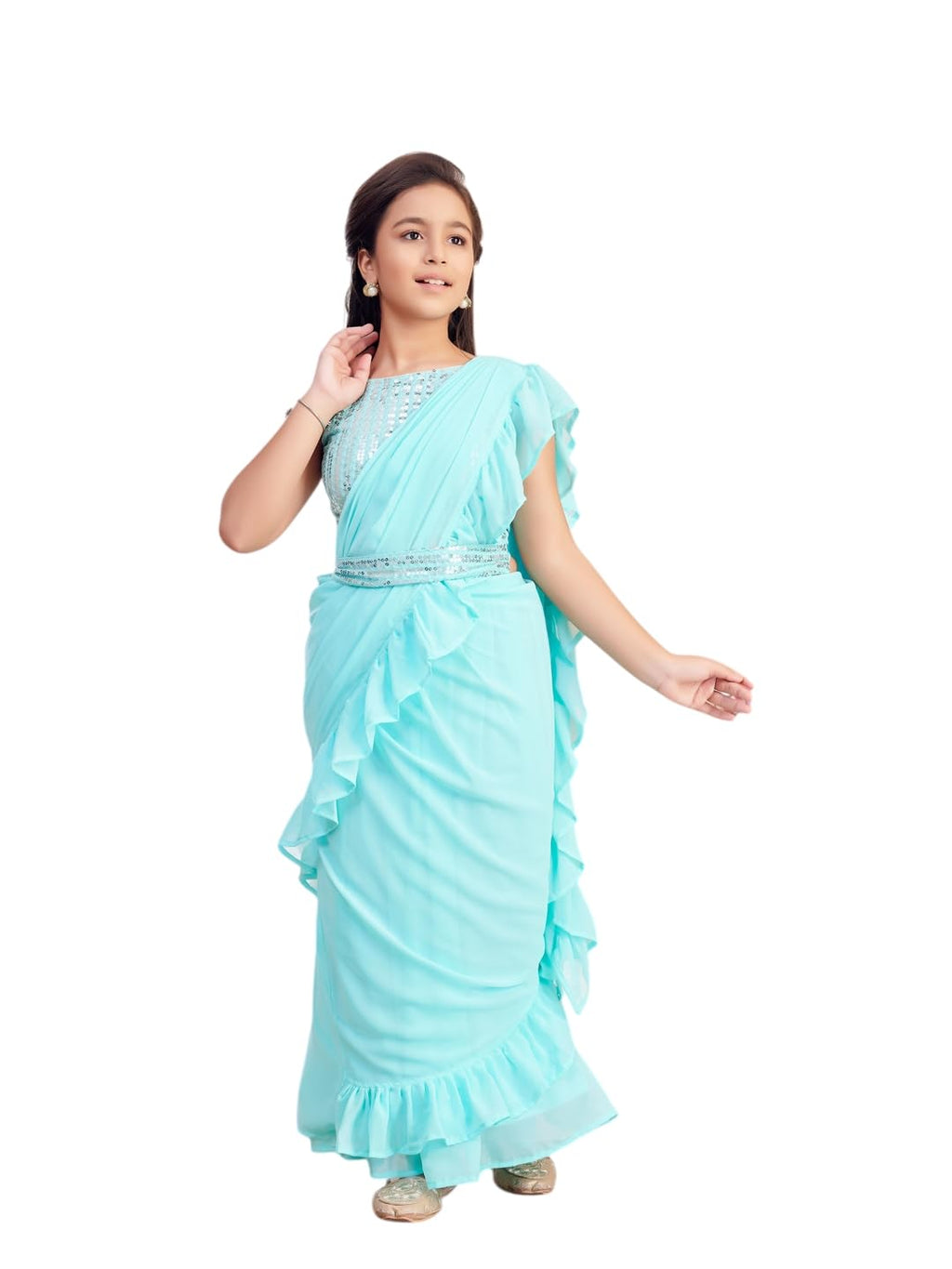 Aarika Girls Ethnic Wear Sea Green Colour Sequin Embroidery Georgette Lehenga Saree With Attachable Dupatta-(3-13 Years)-(SR-260