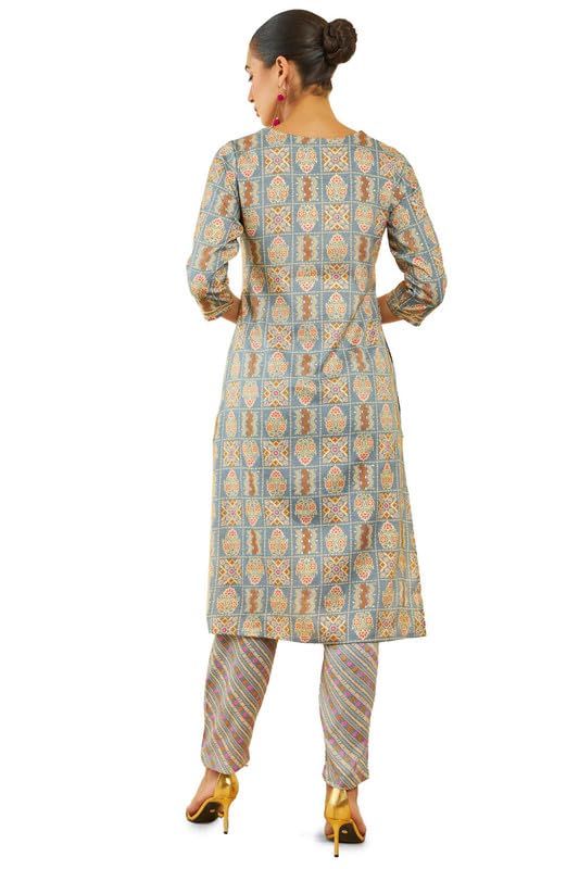 Soch Womens Grey Rayon Floral Print Round-Neck Straight Kurta Set