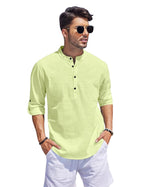 Hemrin Men Solid Cotton Blend Straight Kurta Shirt Light Yellow