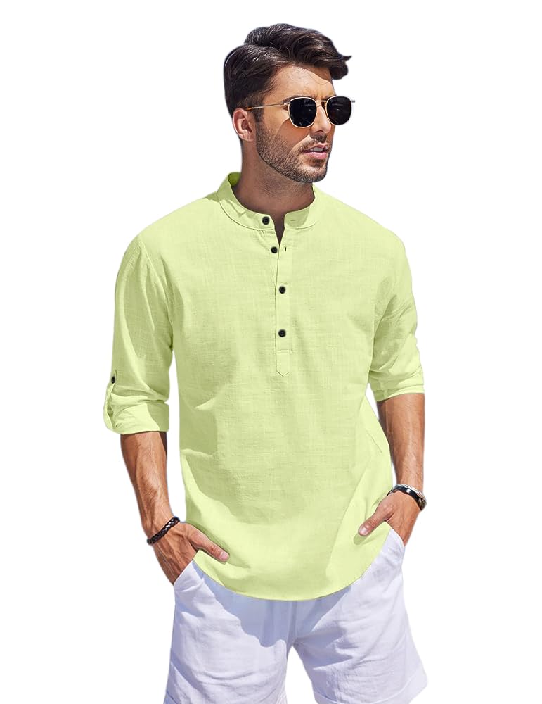 Hemrin Men Solid Cotton Blend Straight Kurta Shirt Light Yellow