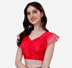 Pujia Mills Womens V Neck Orgenza Three Layer Ruffle Sleeve Frill Readymade Saree Blouse