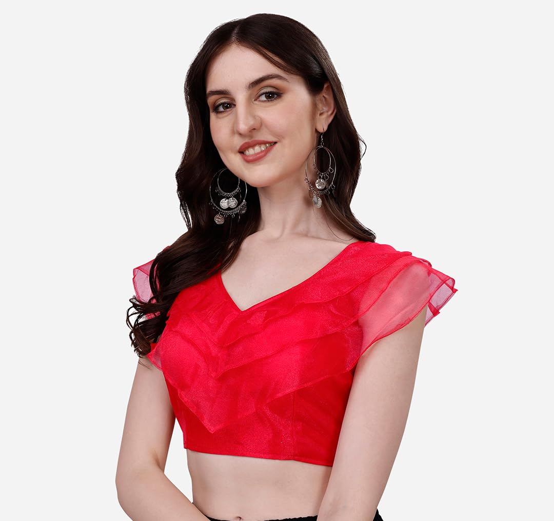 Pujia Mills Womens V Neck Orgenza Three Layer Ruffle Sleeve Frill Readymade Saree Blouse