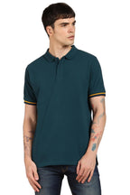 Dennis Lingo Mens Cotton Teal Solid Polo Neck T-Shirt