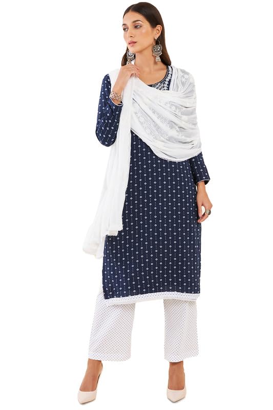 Soch Women Rayon Unstitched Dress Material with Embroidery and Geometric Print