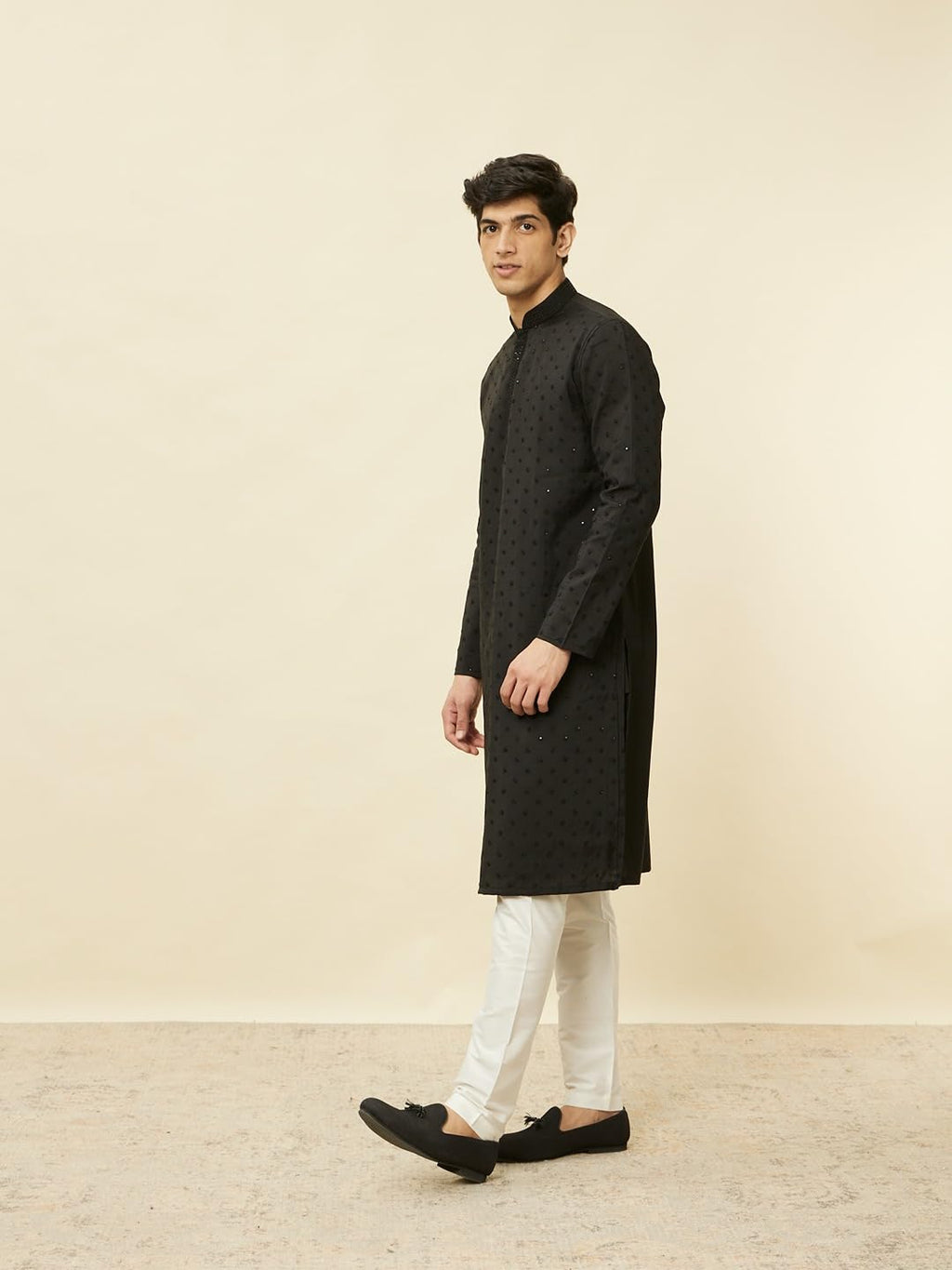 Manyavar Mens Black Blended Viscose Self Design Kurta Pyjama Set