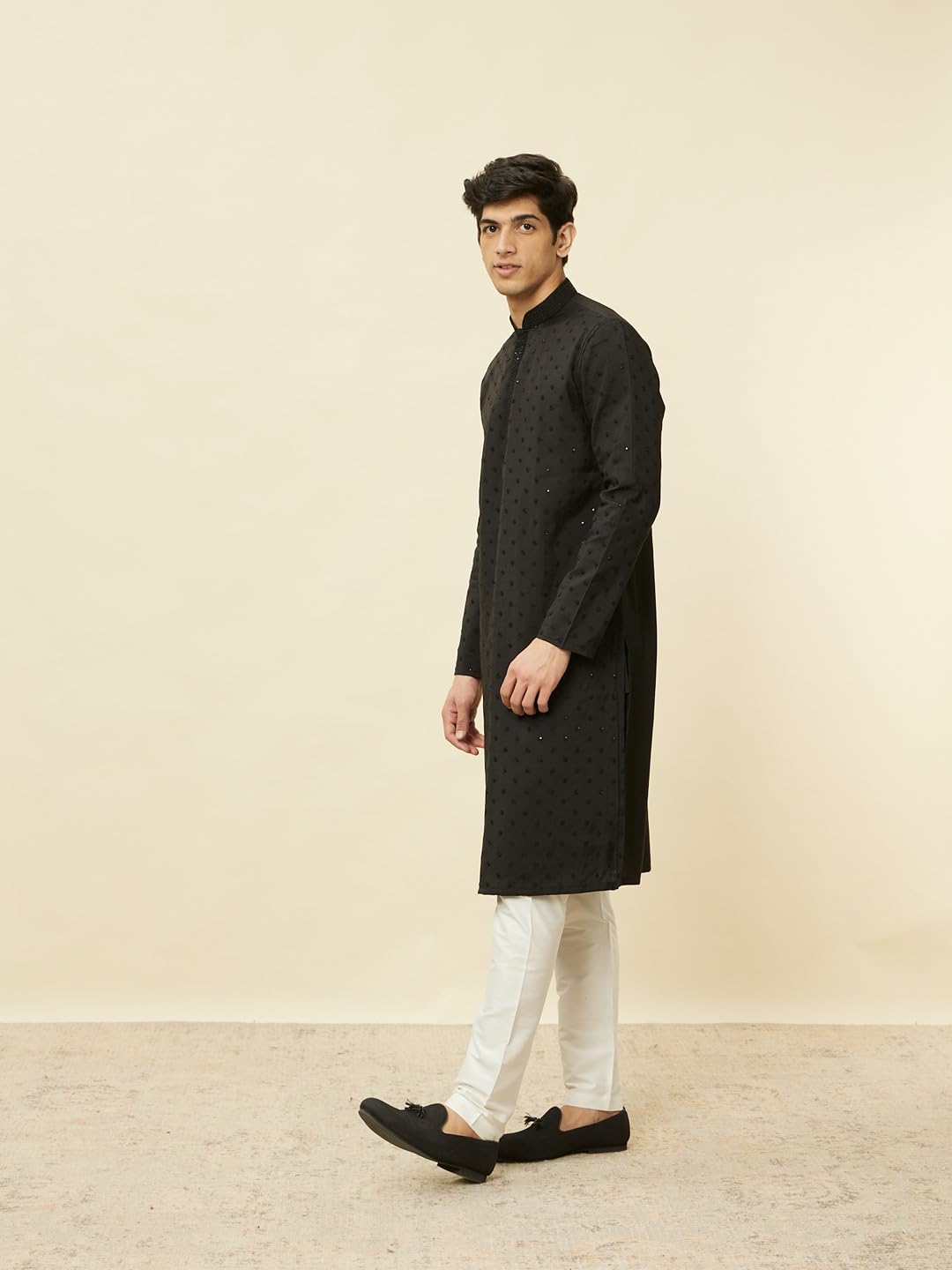 Manyavar Mens Black Blended Viscose Self Design Kurta Pyjama Set