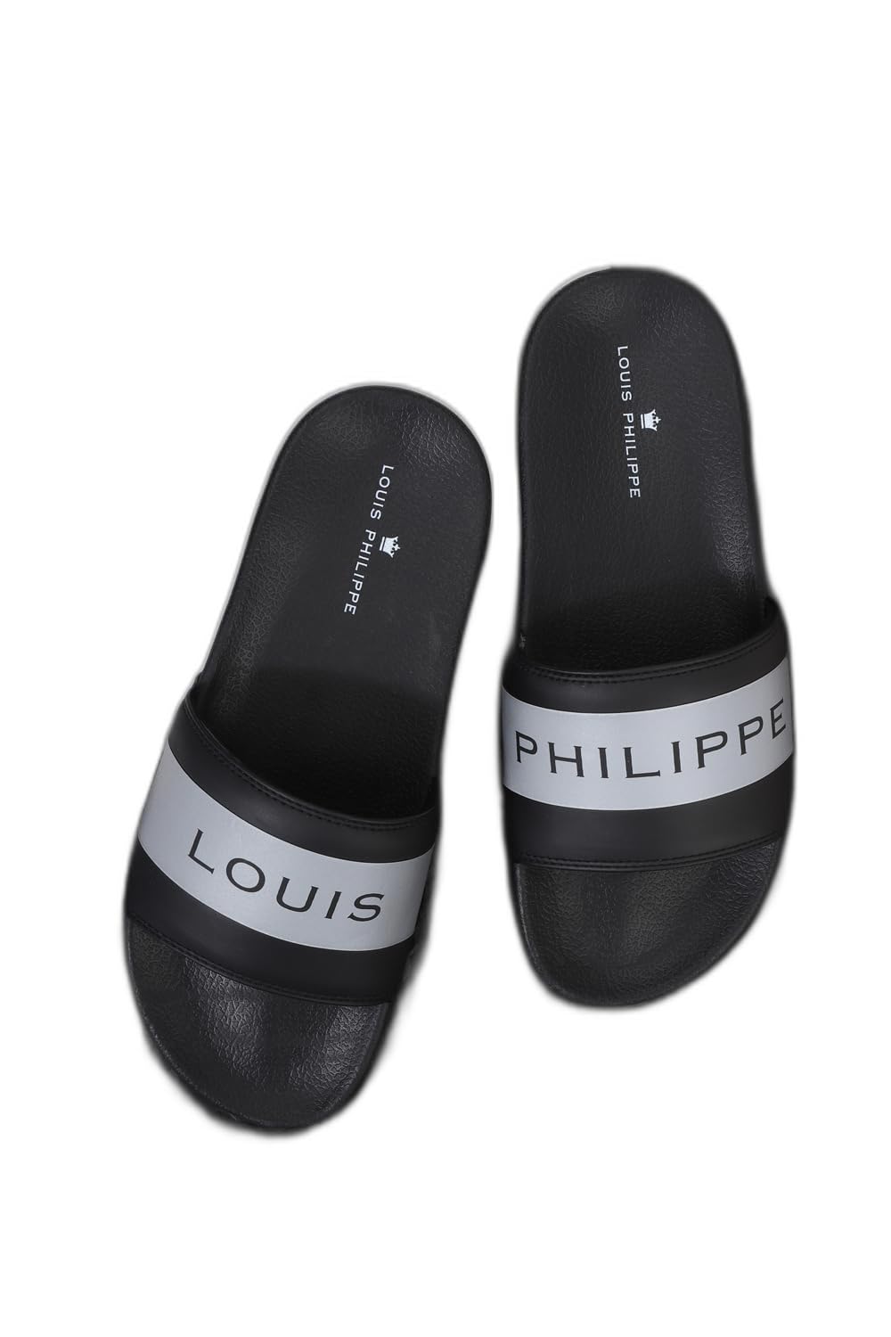 Louis Philippe Men Black & Grey Logo Printed Sliders