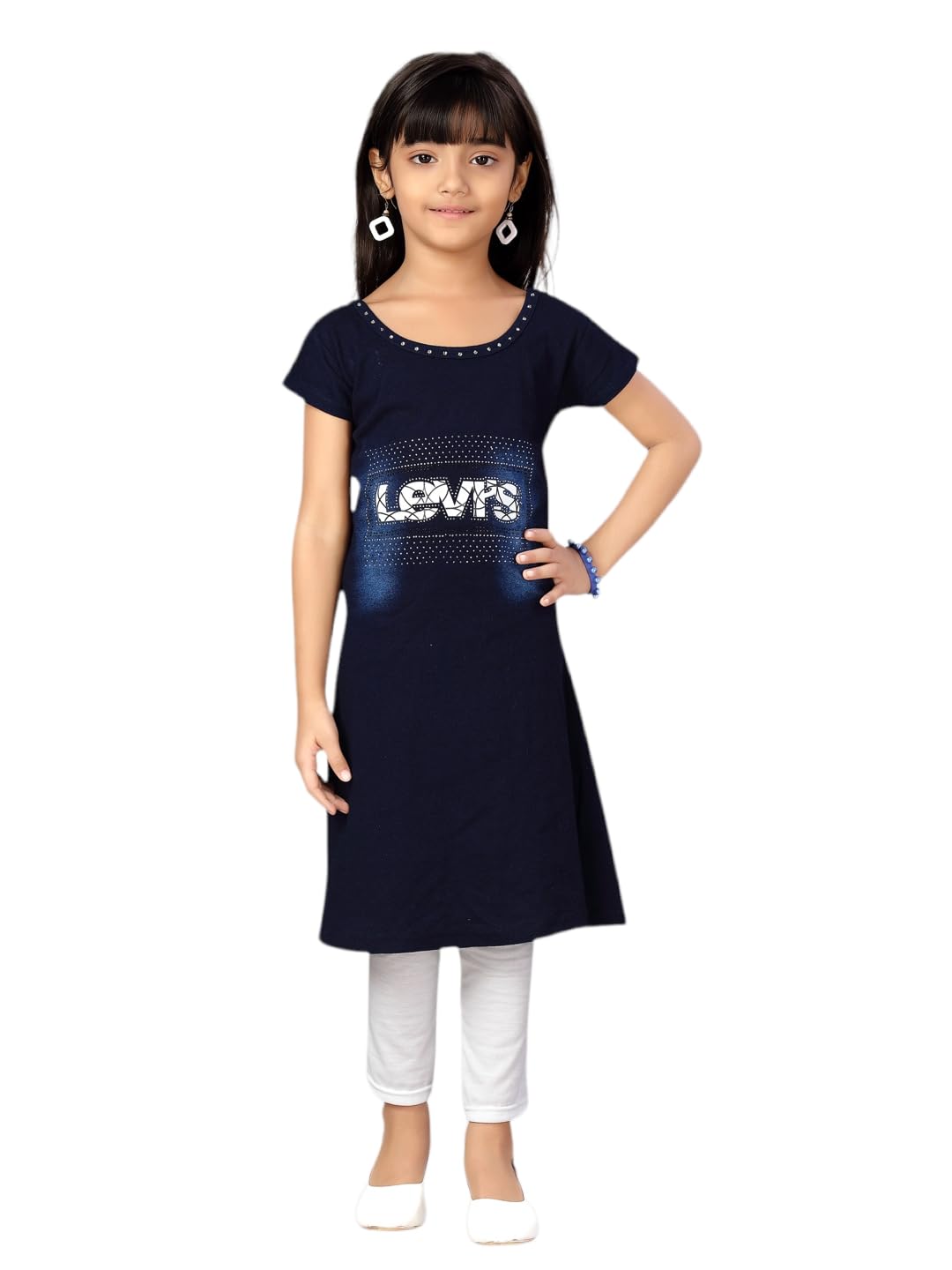 Aarika Girls Navy Blue-White Color Denim Top & Legging (JLY_DR_SJ_G_10_NAVY_BLUE_26)