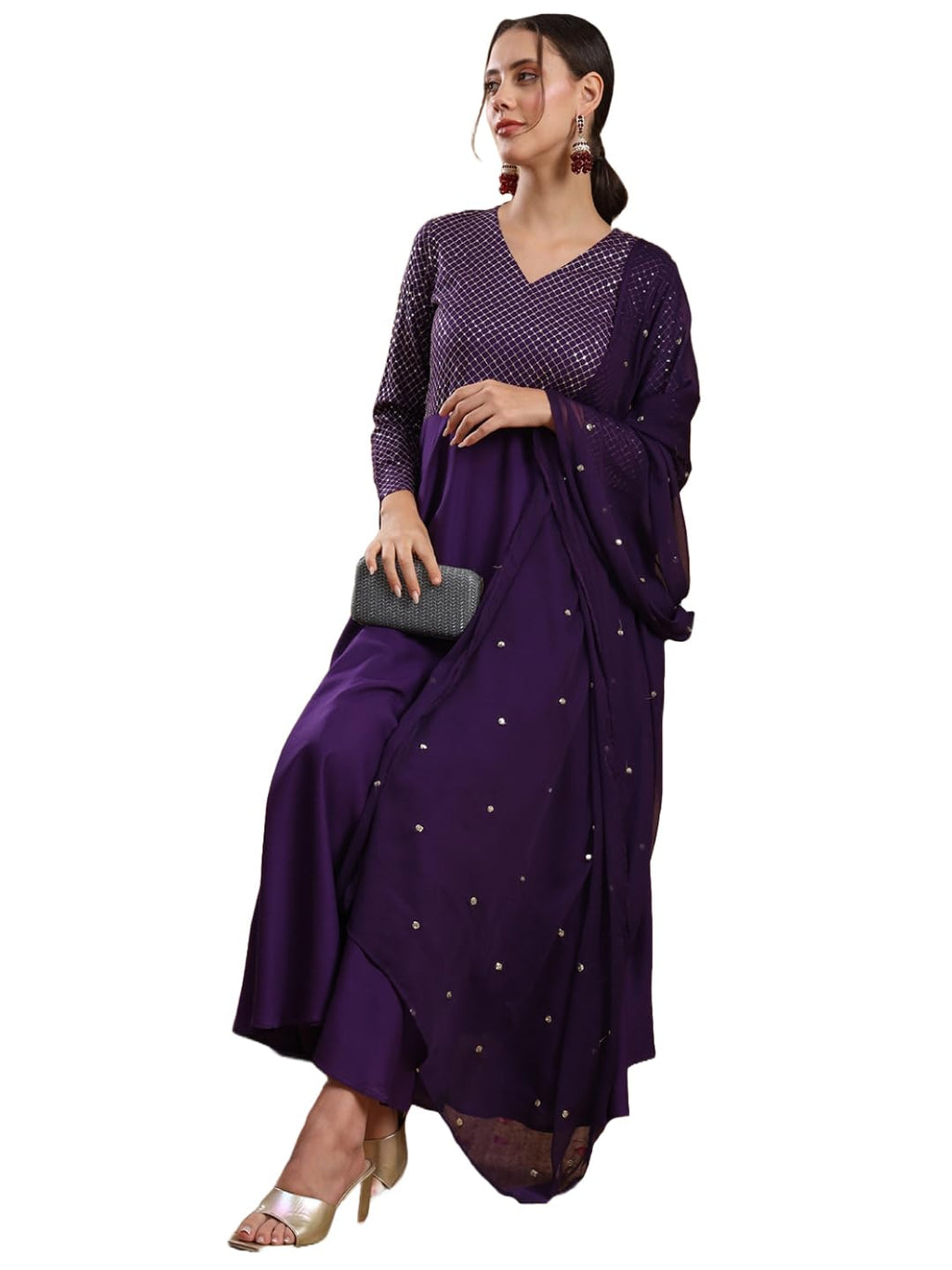 Gosriki Women'S Viscose Rayon Mukaish Work Anarkali Kurta With Pant & Dupatta (Park Violet-Nw-Gs_Xl_Violet_X-Large)