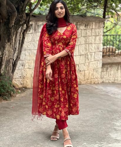 ANNI DESIGNER Womens Rayon Blend Anarkali Printed Kurta with Pant & Dupatta (RONI RED_XL_Red_X-Large)