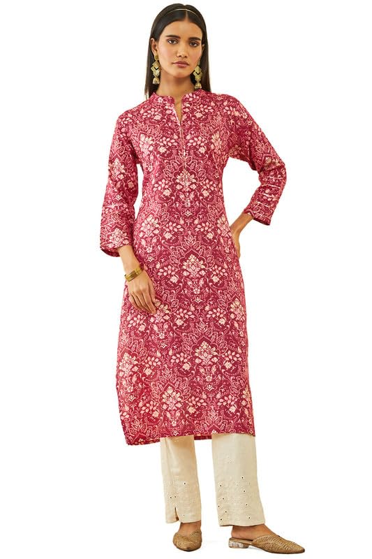 Soch Womens Onion Pink Muslin Floral Print Straight Kurta With Sequin Embellishments
