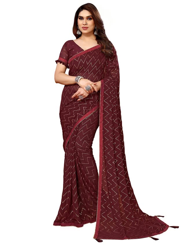 Satrani WomenS Georgette Foil Print Saree With Unstitched Blouse Piece(3066S2122N_Maroon)