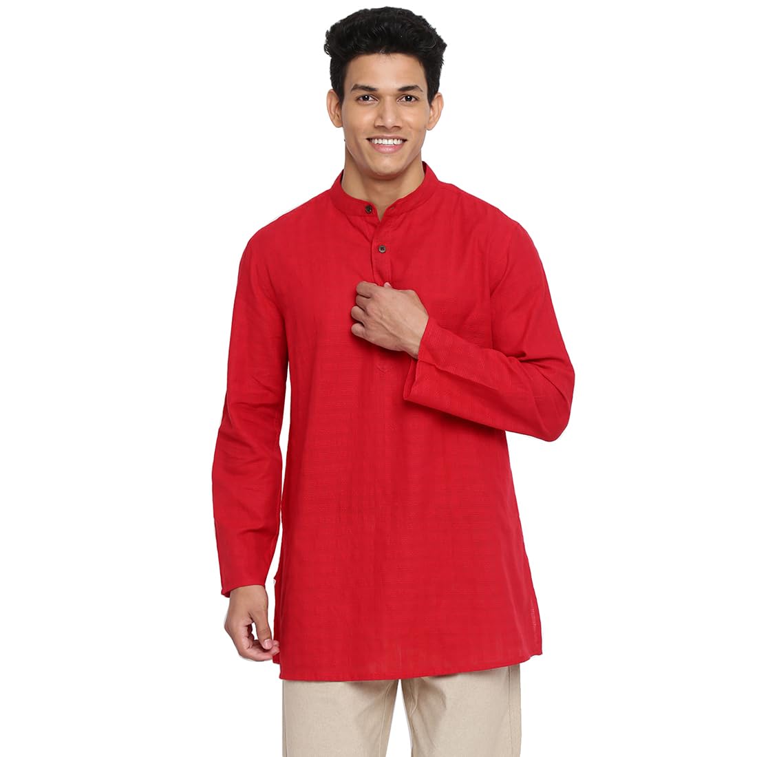 Fabindia Men Cotton Dobby Short Kurta Red_S