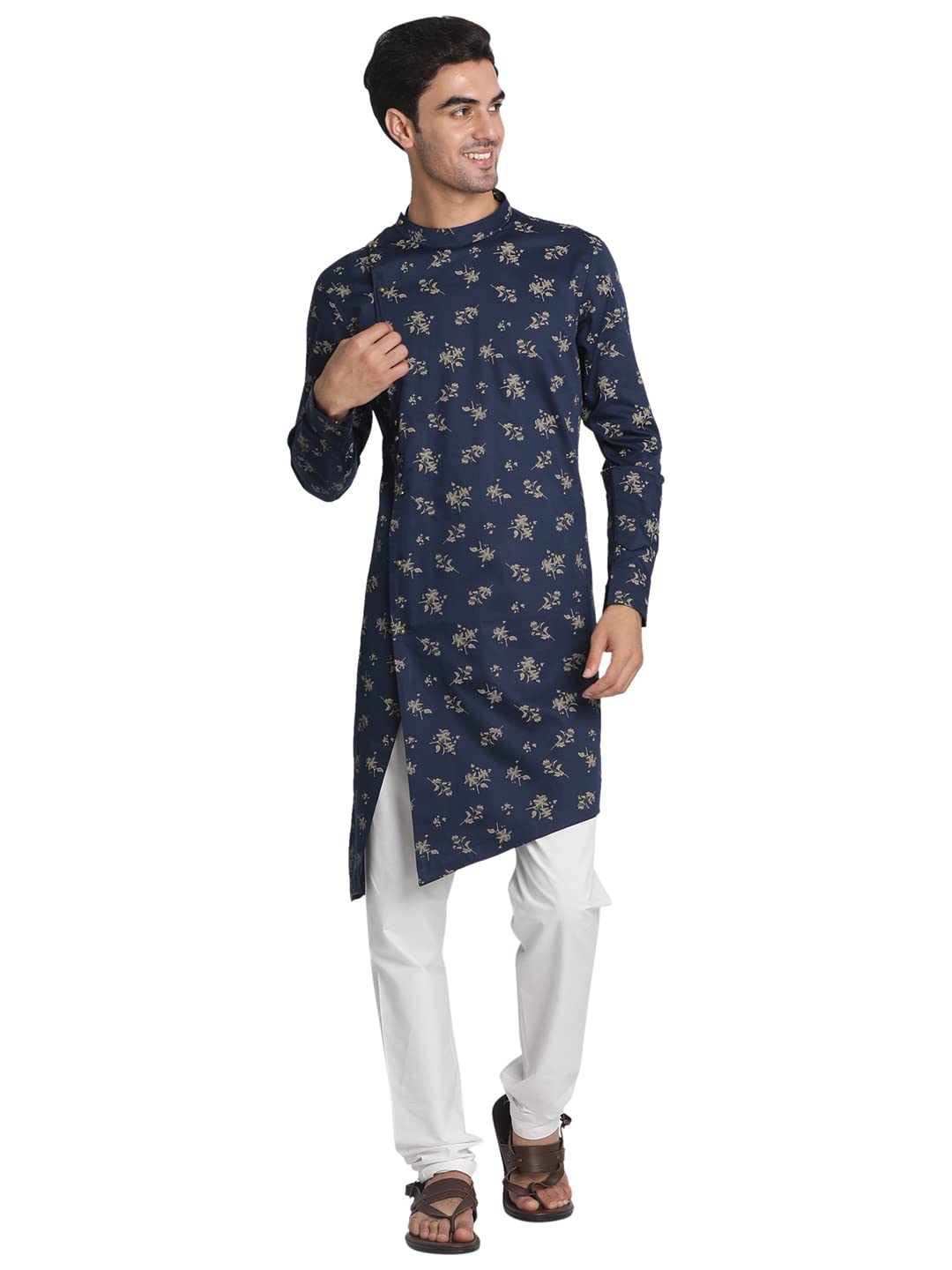 Manyavar Printed Knee Long Kurta For Men - (Blue, Xx-Large)