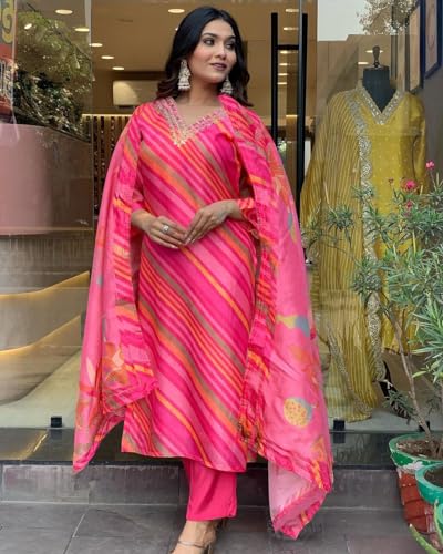 ANNI DESIGNER Womens Cotton Blend Straight Printed Kurta with Pant & Dupatta (Mang Pink_XXL_Pink_XX-Large)