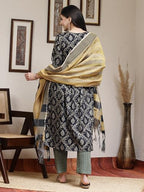 Sanisa Women'S Cotton Silk Printed & Foil Work Anarkali Kurta With Pant And Woven Dupatta