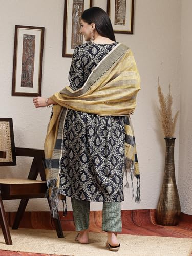 Sanisa Women'S Cotton Silk Printed & Foil Work Anarkali Kurta With Pant And Woven Dupatta