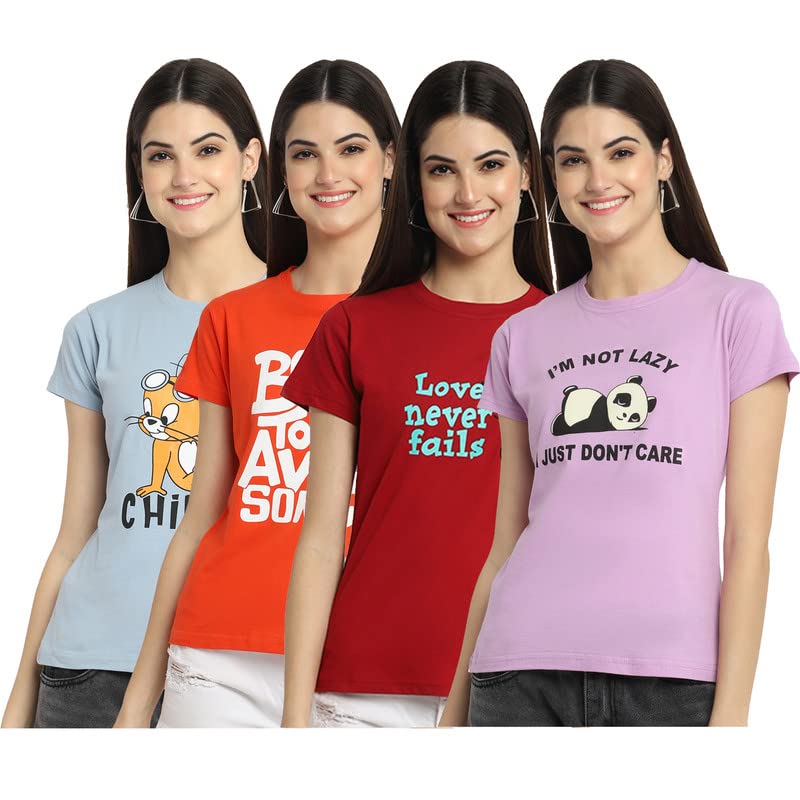 Preneum Womens Cotton Regular Fit Latest Graphic Stylish Printed Short Sleeves Casual T-Shirt || Latest Trendy & Styles (Pack 4
