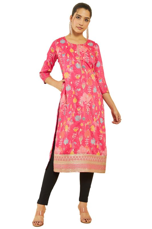Soch Women Muslin Floral Print and Embroidered Round-Neck Straight Kurta