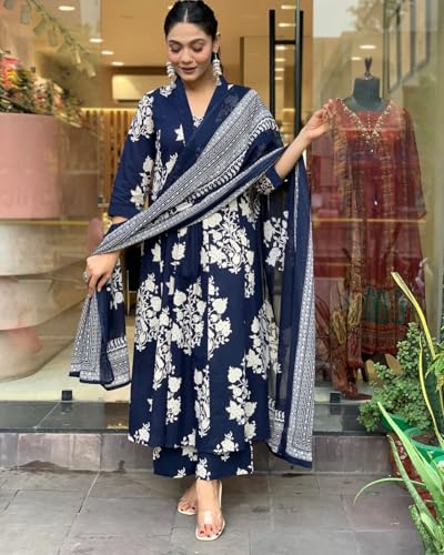 ANNI DESIGNER Womens Rayon Blend Anarkali Printed Kurta with Pant & Dupatta (Jasiwal Blue_S_Blue_Small)