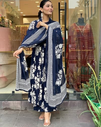 ANNI DESIGNER Womens Rayon Blend Anarkali Printed Kurta with Pant & Dupatta (Jasiwal Blue_XL_Blue_X-Large)