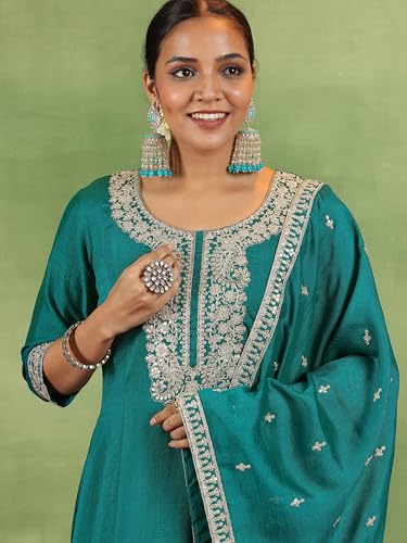 Libas Green Silk Blend Yoke Design Kurta Sets For Women