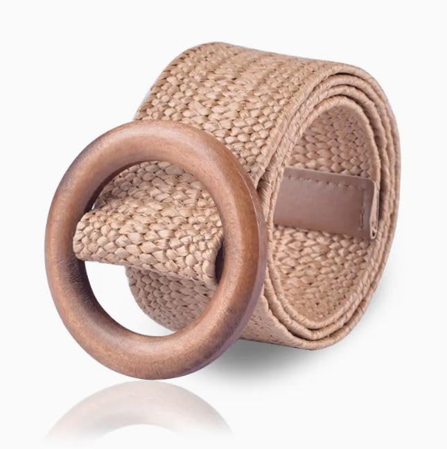 Azelf WomenS Woven Grass Rope Waist Belt Light Brown With Adjustable Wooden Buckle Handmade Bohemian Belt For Dresses Skirts Tun