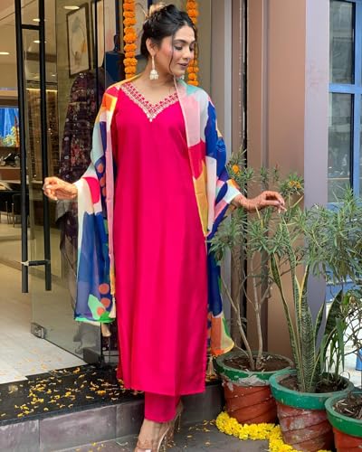 ANNI DESIGNER Womens Cotton Blend Straight Fit Solid Kurta with Pant & Dupatta (Kisori Pink_XXL_Pink_XX-Large)