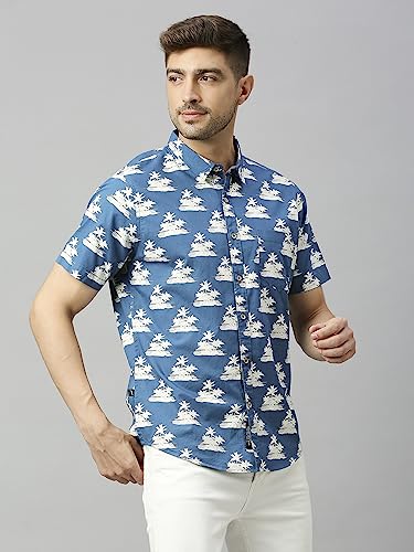 Thomas Scott Mens Printed Slim Fit 100% Cotton Casual Shirt with Spread Collar and Half Sleeve