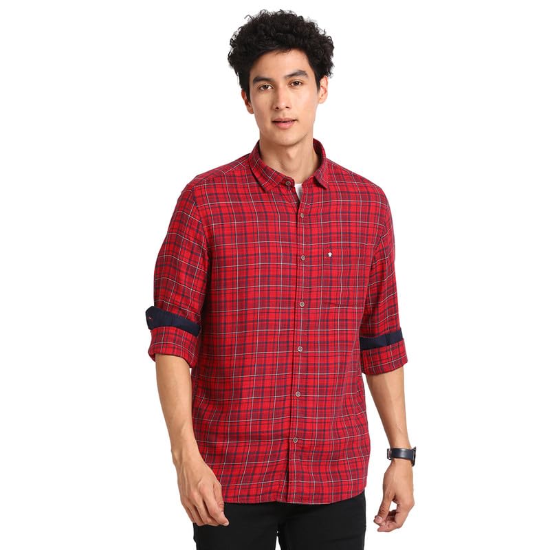 Turtle Men Cotton Lyocell Maroon Checkered Slim Fit Full Sleeve Casual Shirt