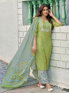 Sanisa Women'S Rayon Blend Floral And Geometric Printed Straight Kurta With Pant And Dupatta Set| Ethnic Set | Suit Set | Kurta Set