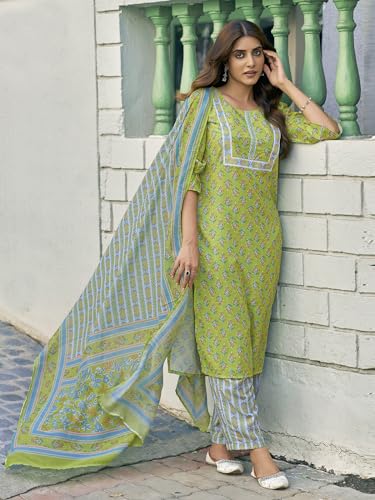 Sanisa Women'S Rayon Blend Floral And Geometric Printed Straight Kurta With Pant And Dupatta Set| Ethnic Set | Suit Set | Kurta Set