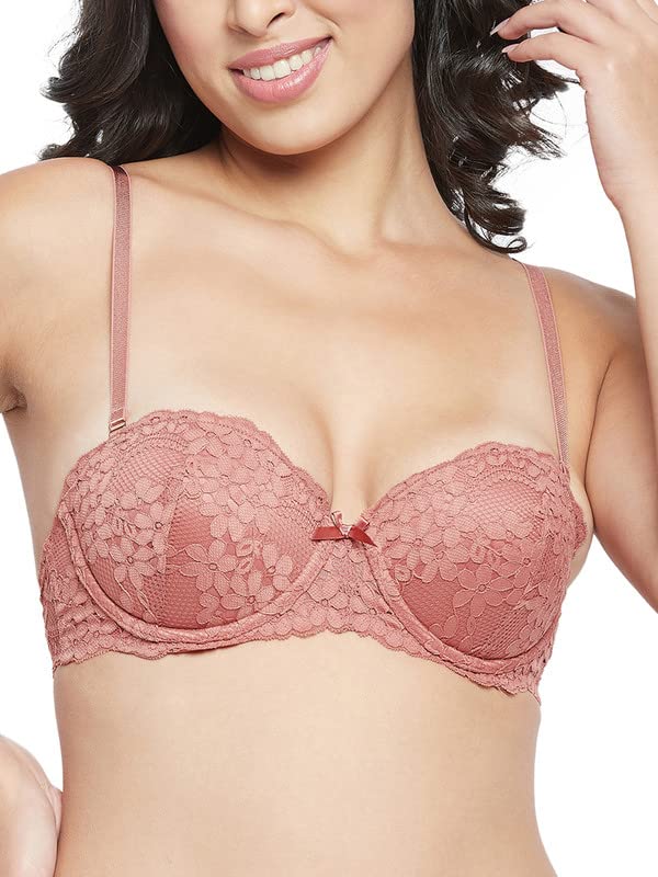 Clovia Womens Lace Level 3 Push-Up Underwired Demi Cup Balconette Bra (Br2350R22_Pink_38D)
