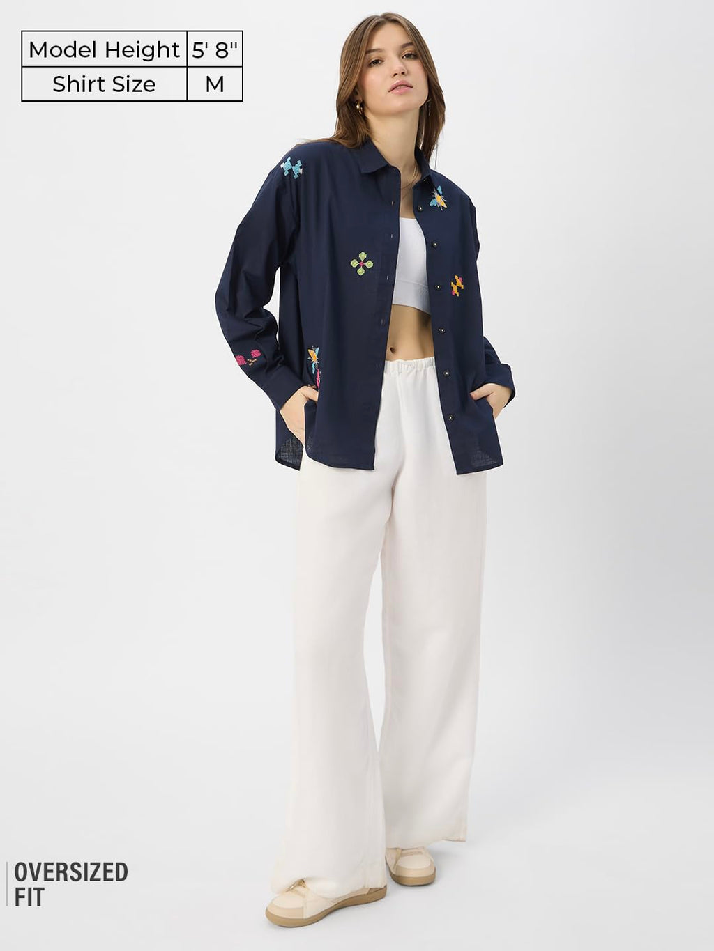 The Souled Store Gardenia Women and Girls Long Sleeve Collared Neck Button Down Boyfriend Shirts Navy Blue